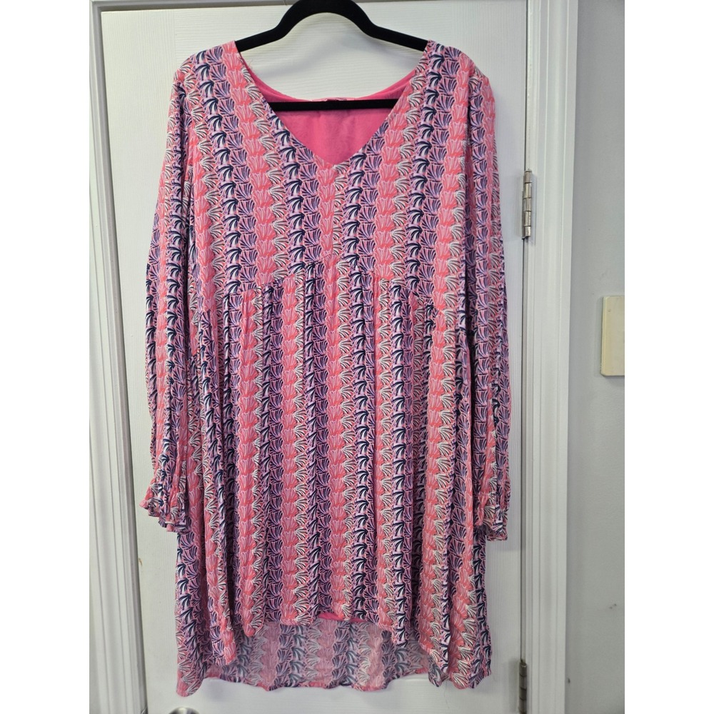 Simply Southern Pink Navy Shell Print Babydoll Dress Long Sleeve High-Low L